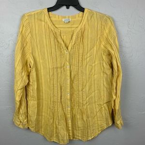 Sundance Linen top Yellow Stripe Long Sleeve Pin Tuck V Neck Size Large
